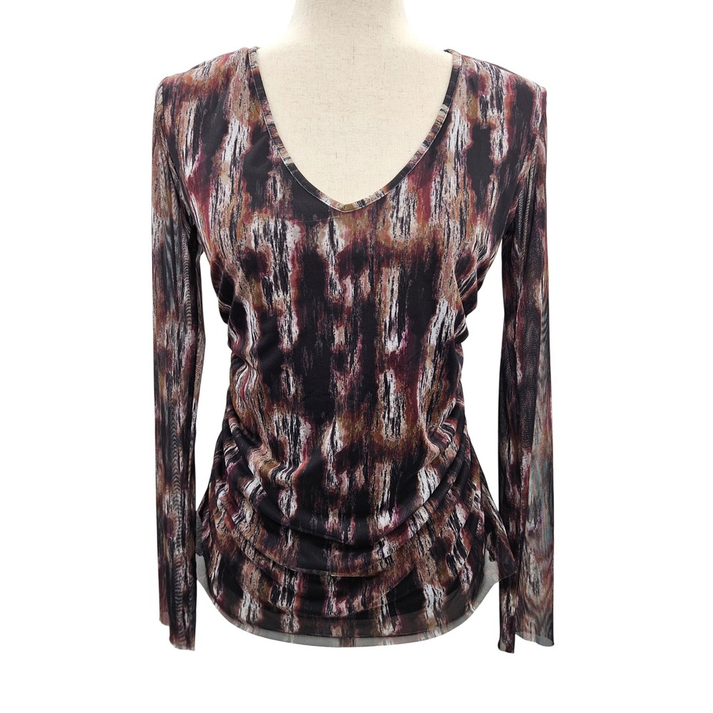 Viereck Womens Small V-Neck Long Sleeve‎ Ruched Mesh Abstract Print Top Burgundy